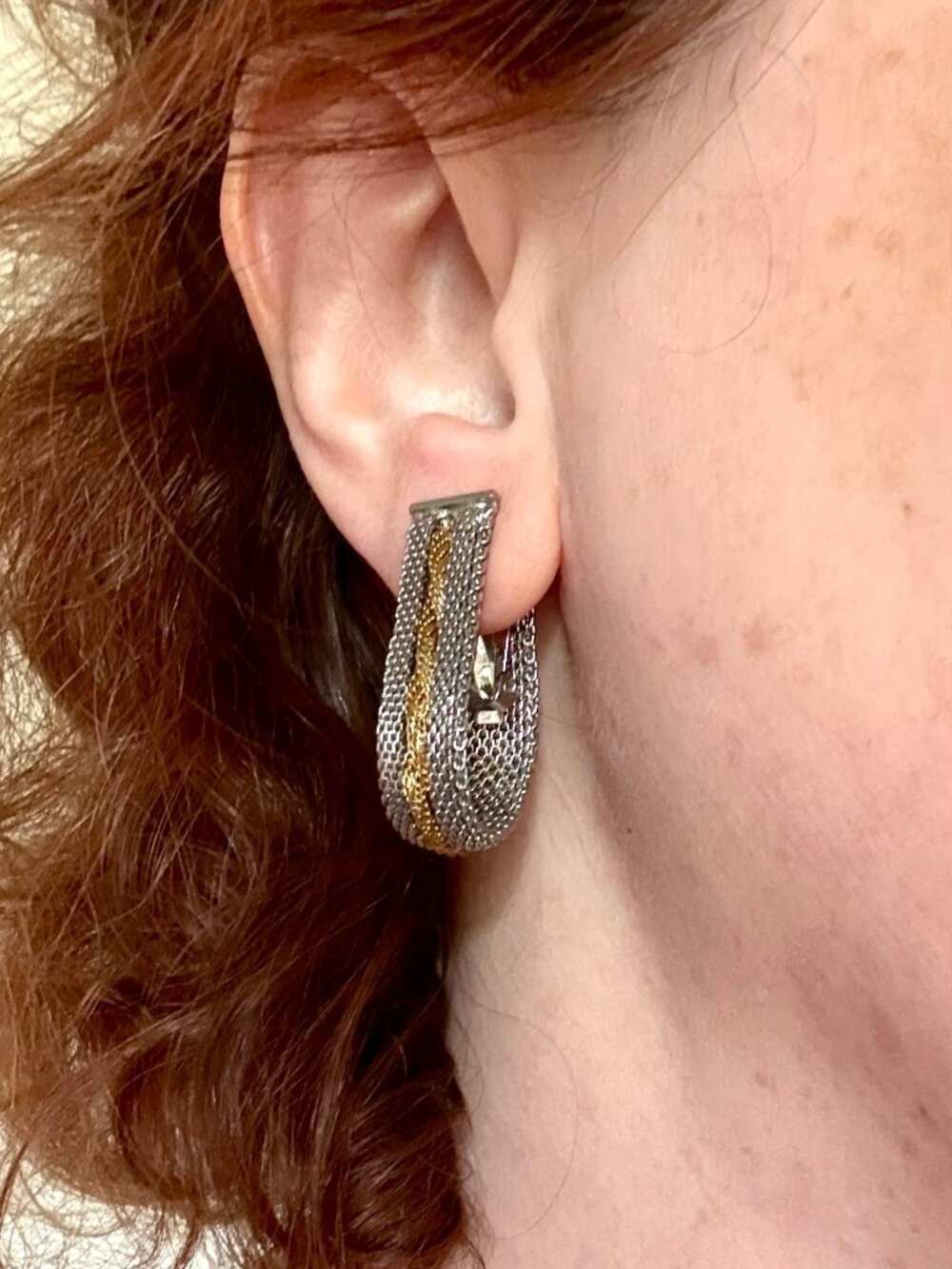 Vintage Mesh Clip On Earrings Silver Gold Tone Two Tone Teardrop Statement
